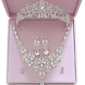 Bling Bling Set Crowns Necklace Earrings Alloy Crystal Sequined Bridal Jewelry